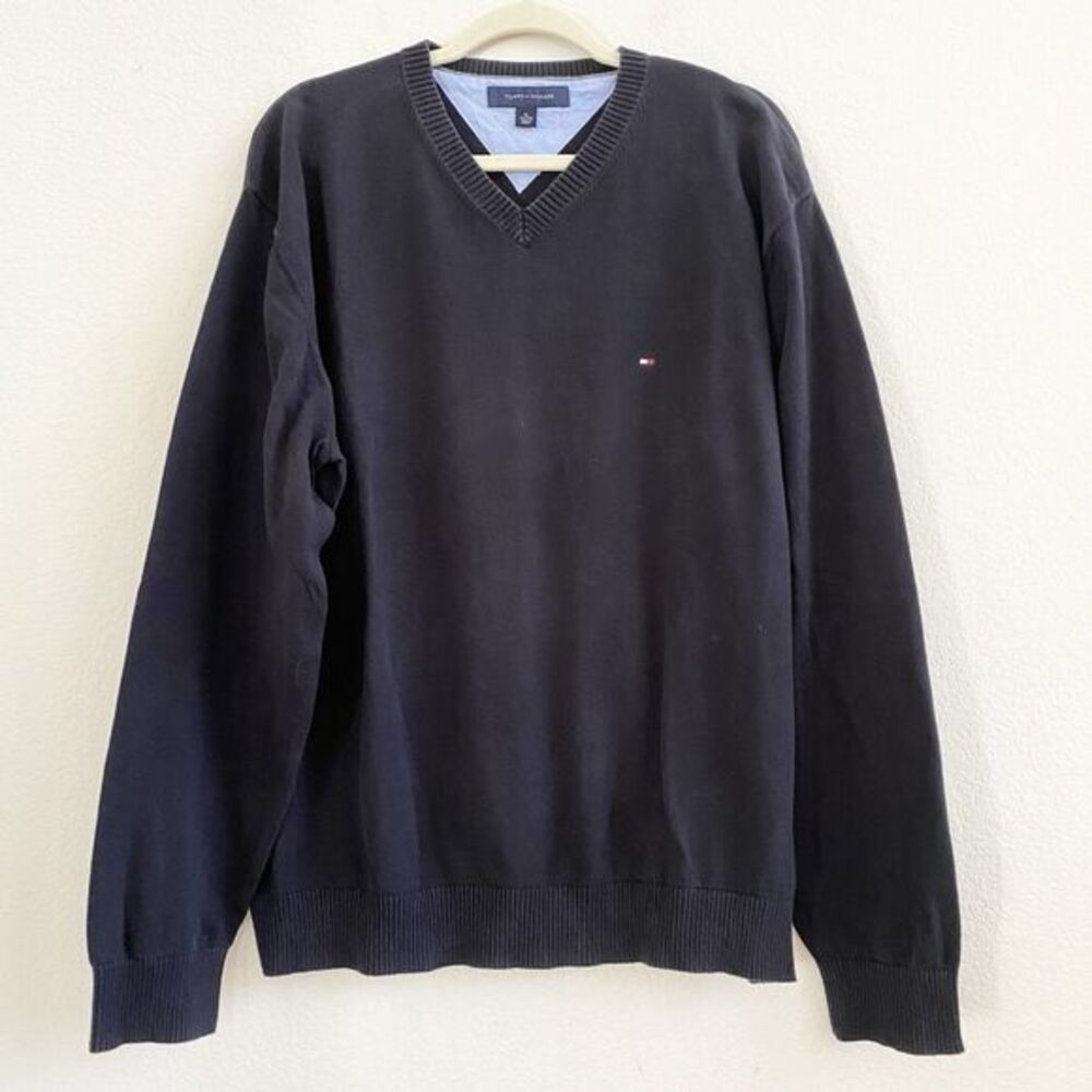 Tommy Hilfiger Pullover Sweater Adult Mens XL Navy Blue VNeck Long Sleeve Cotton